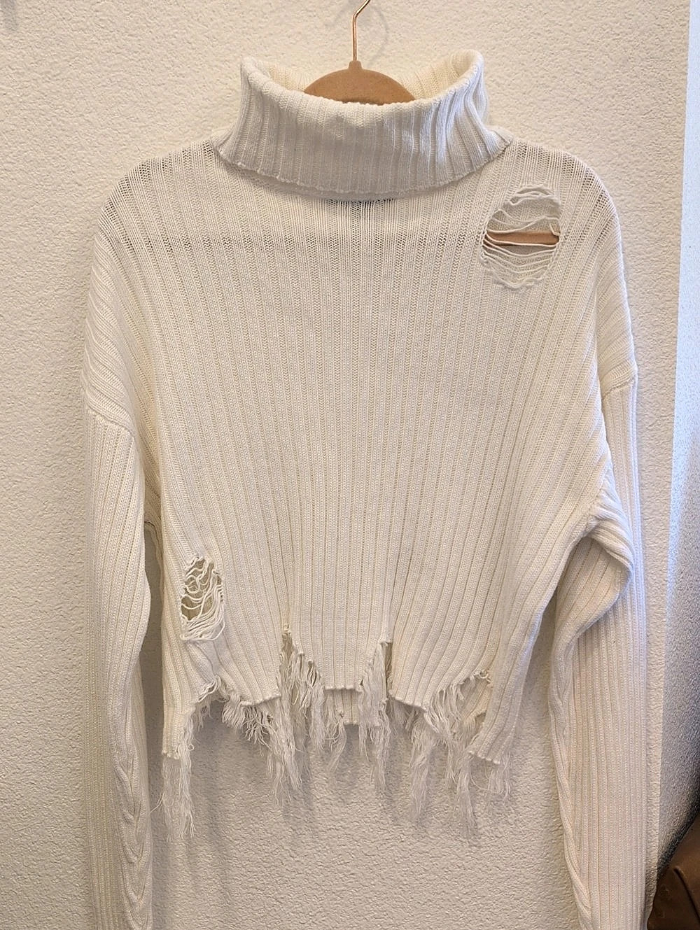 Forever 21 Distressed -Loose Turtleneck, Cotton, Boxy, Ribbed Sweater White